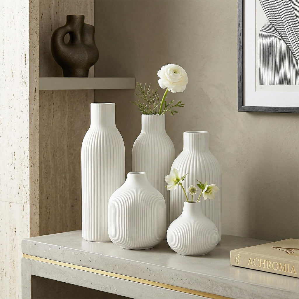 Weiß Keramik Vasen Set 5-Teilig | Iconic Home Vase Für Pampasgras & Trockenblumen | Moderne Tischdeko | Neutral Boho Skandinavische Vase Hoch Für Wohnzimmer