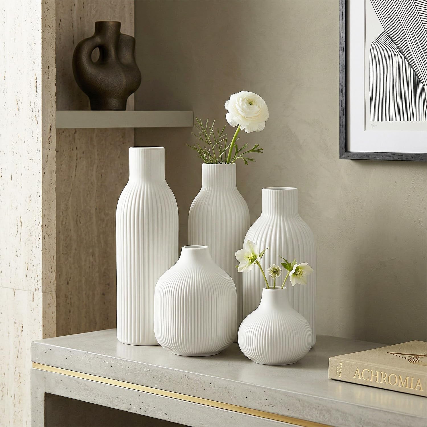 Weiß Keramik Vasen Set 5-Teilig | Iconic Home Vase Für Pampasgras & Trockenblumen | Moderne Tischdeko | Neutral Boho Skandinavische Vase Hoch Für Wohnzimmer