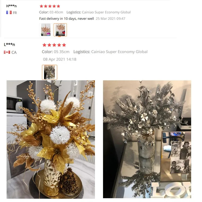 Christmas Artificial Flower Golden Silver Plastic Plants Home DIY Wedding Bouquet Floral Wall Decoration Accessories Photo Props