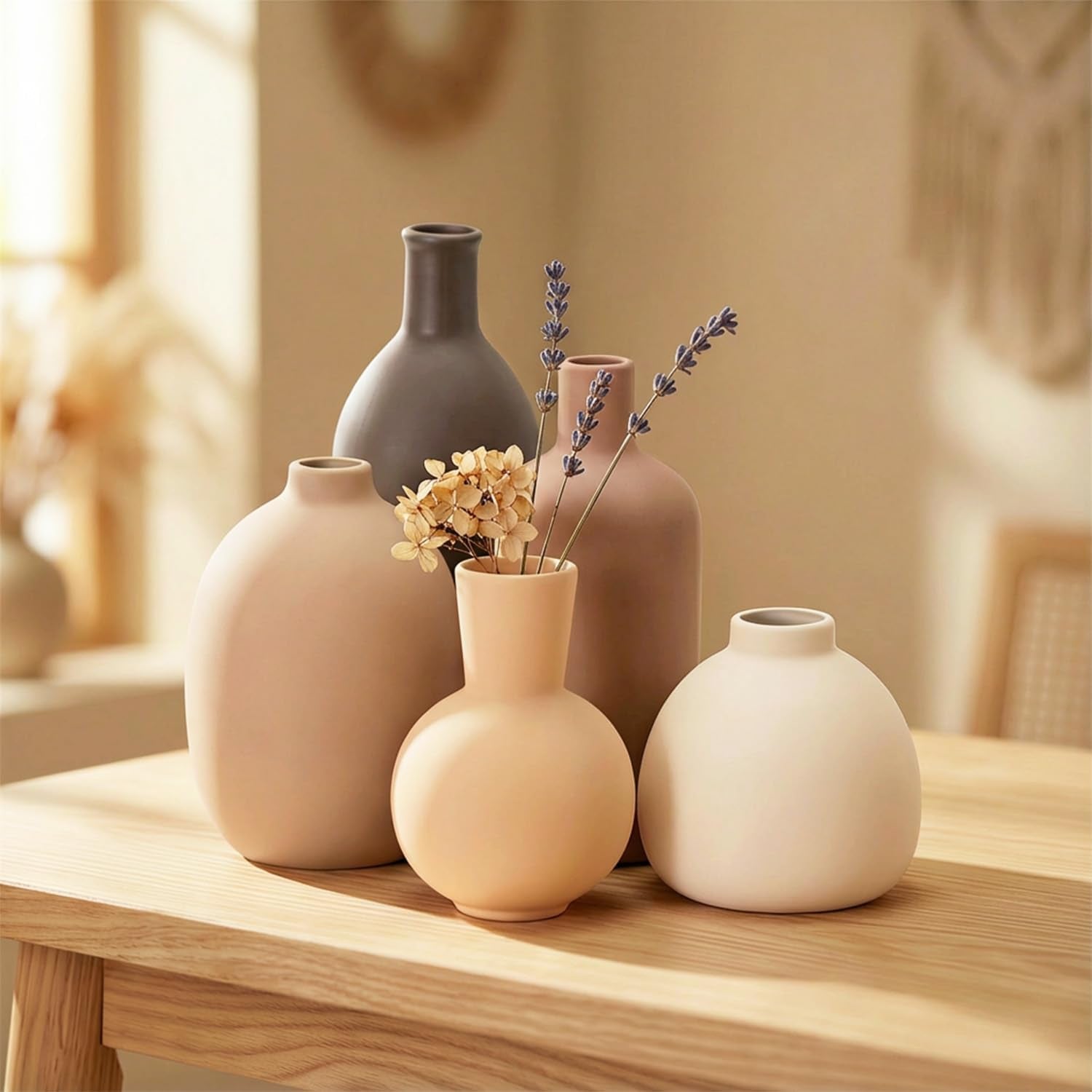 Keramik Vasen Set 5-Teilig | Iconic Home Vase Für Pampasgras & Trockenblumen | Moderne Tischdeko in Beige & Braun | Neutral Boho Skandinavische Vase Hoch Für Wohnzimmer