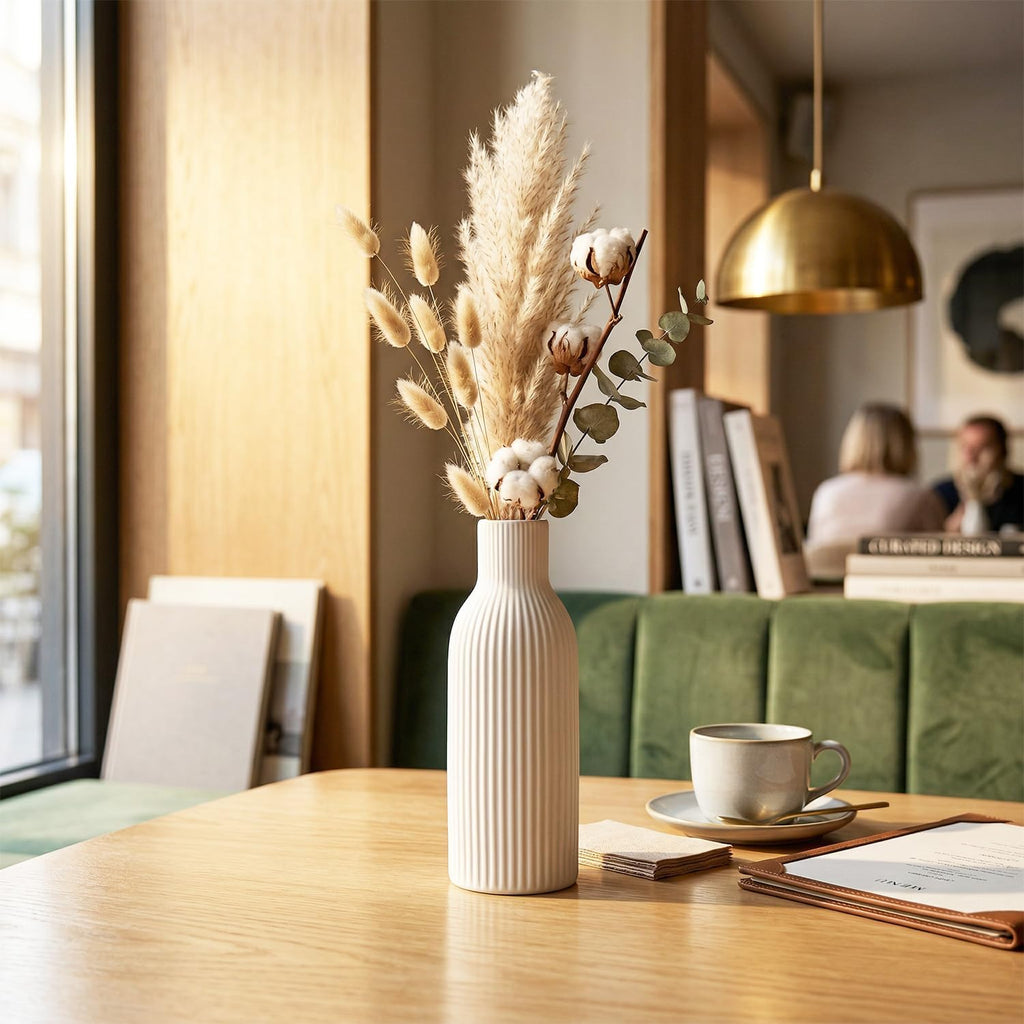 Weiß Keramik Vasen 25CM | Iconic Home Vase Für Pampasgras & Trockenblumen | Moderne Tischdeko | Neutral Boho Skandinavische Vase Hoch Für Wohnzimmer