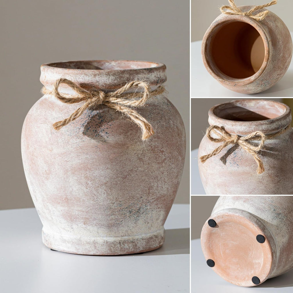 Ceramic Flower Vase for Home Decor, 6.5 Inch Small Terracotta Vases for Farmhouse Rustic Living Room Table Centerpieces Decorative (Neutral)