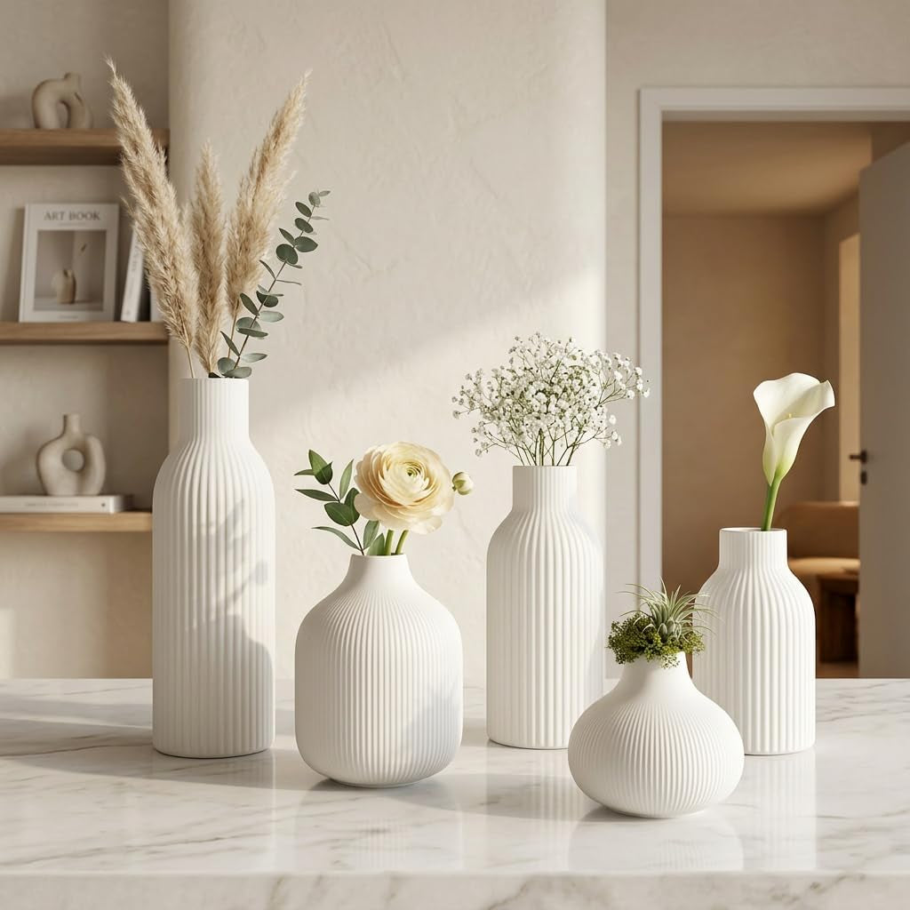 Weiß Keramik Vasen Set 5-Teilig | Iconic Home Vase Für Pampasgras & Trockenblumen | Moderne Tischdeko | Neutral Boho Skandinavische Vase Hoch Für Wohnzimmer