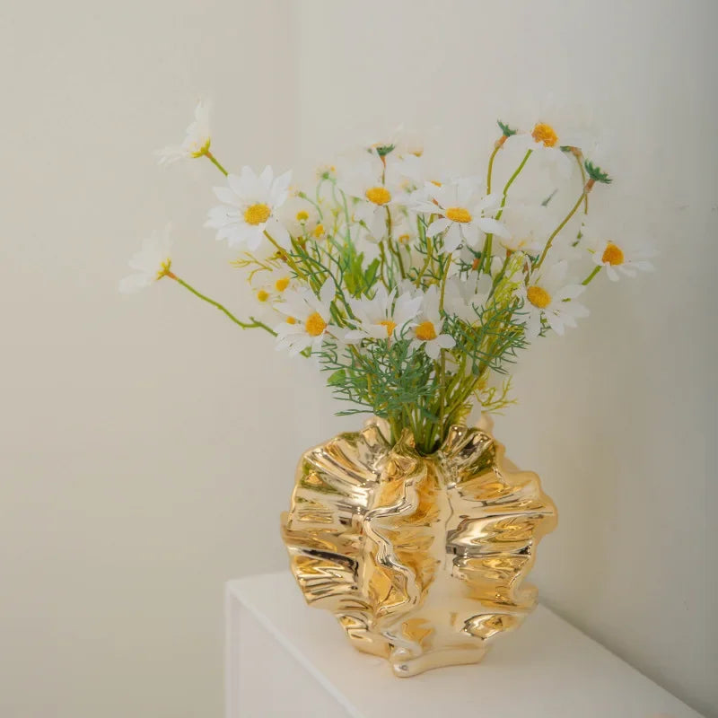 European Style Electroplated Ceramic Vase Light Luxury Gold Hydroponic Dry Flower Planter Home Decoration Ornament Handicraft
