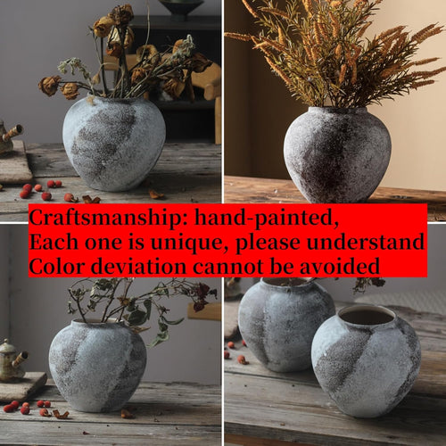 Rustic Distressed Large Ceramic Vase, 8.6 Inch Terracotta Pottery Tall Decorative Vases, Concrete Vases Clay Stone Antique Big Vase for Home Decor (Round 8.6 in X 8 In)