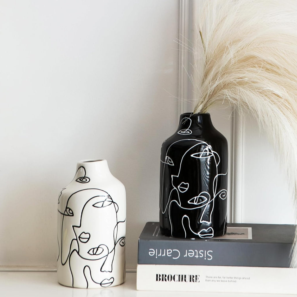 Ceramic Vase Set, 2Pcs Black and White Abstract Irregular Design Flower Vases, Modern Home Decor Living Room Decor Minimalist Decorative Vase for Pampas Grass