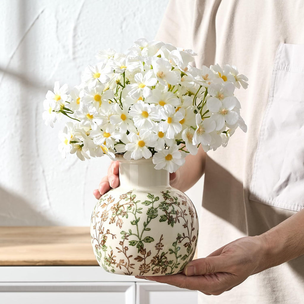 Ceramic Green and Beige Antique Vase, 5.91 Inch Retro Ice Cracked Chinoiserie Floral Vase, Rustic Farmhouse Vases for Home Decor, Bookshelf, Office, Garden, Chinoiserie Decor, Tuscan Decor