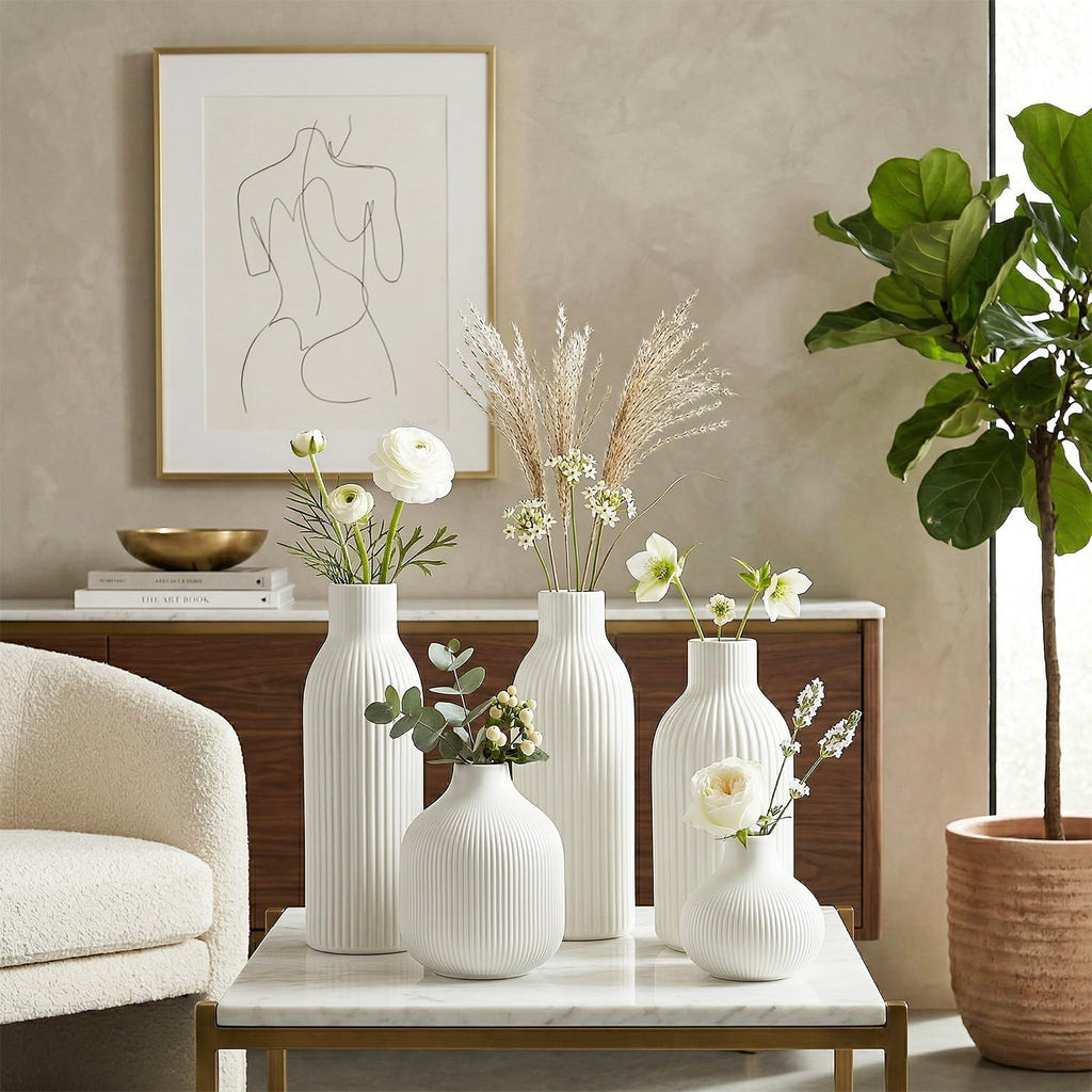 Weiß Keramik Vasen Set 5-Teilig | Iconic Home Vase Für Pampasgras & Trockenblumen | Moderne Tischdeko | Neutral Boho Skandinavische Vase Hoch Für Wohnzimmer