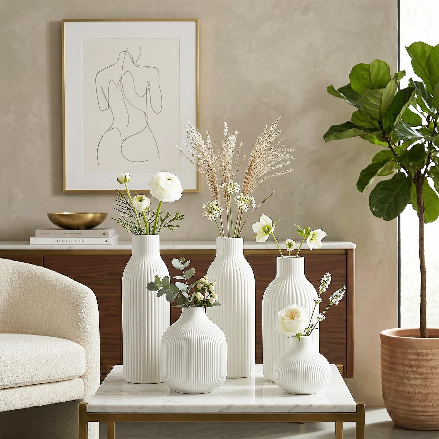Weiß Keramik Vasen Set 5-Teilig | Iconic Home Vase Für Pampasgras & Trockenblumen | Moderne Tischdeko | Neutral Boho Skandinavische Vase Hoch Für Wohnzimmer