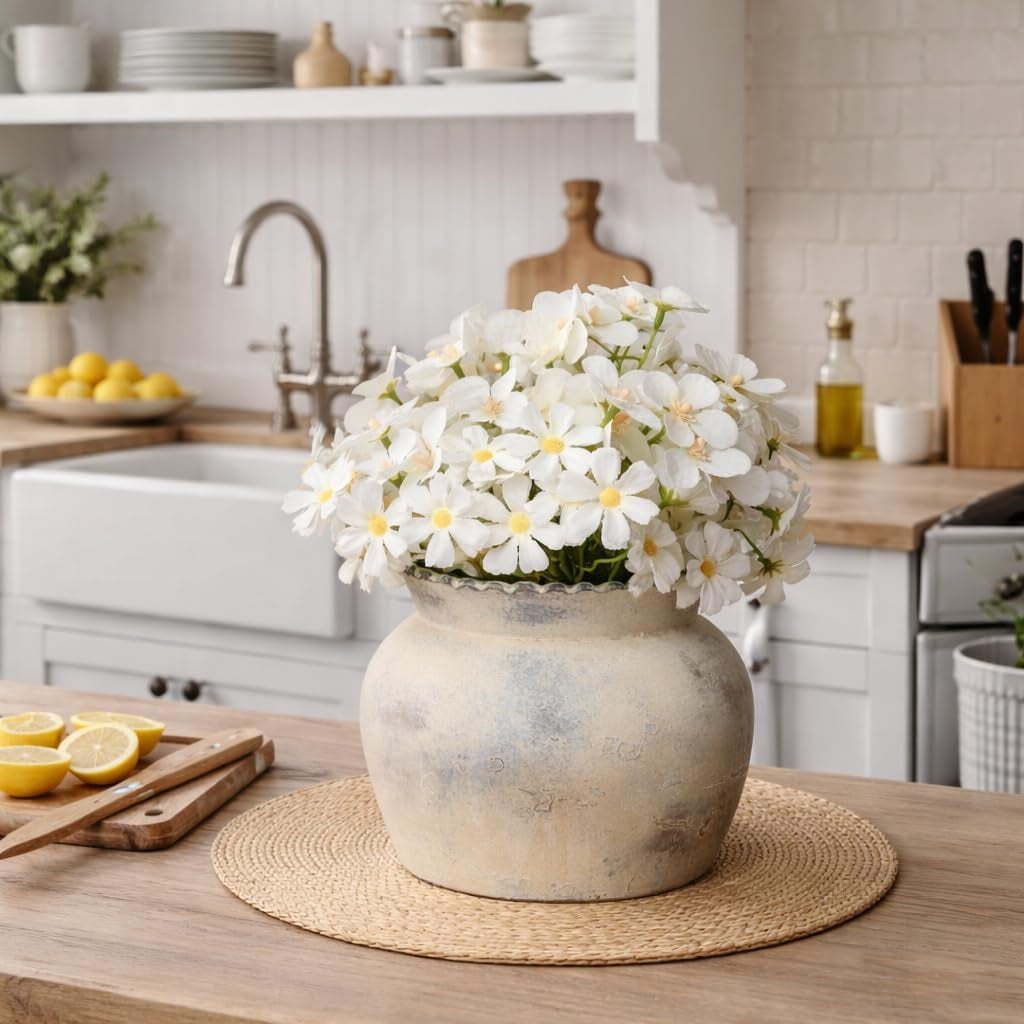 Ceramic Flower Vase with Wide Mouth Lace, 5.1 Inch Pottery Rustic Farmhouse Boho Vases, Small Terracotta Vase for Home Decor, Table, Living Room, Bathroom, Shelf, Wedding, Terra