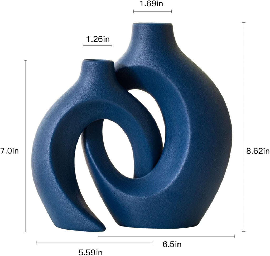 Snuggle Hollow Ceramic Vase Set of 2, Nordic Modern Boho Ins Style Ceramic Aesthetic Flower Vases for Home Decor Living Room Coffee Table Decorative (Matte Navy Blue W 6.3" X H 8.4")