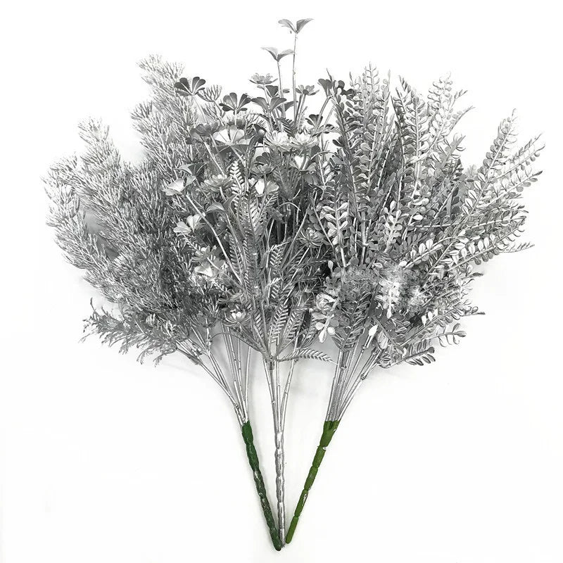 Christmas Artificial Flower Golden Silver Plastic Plants Home DIY Wedding Bouquet Floral Wall Decoration Accessories Photo Props