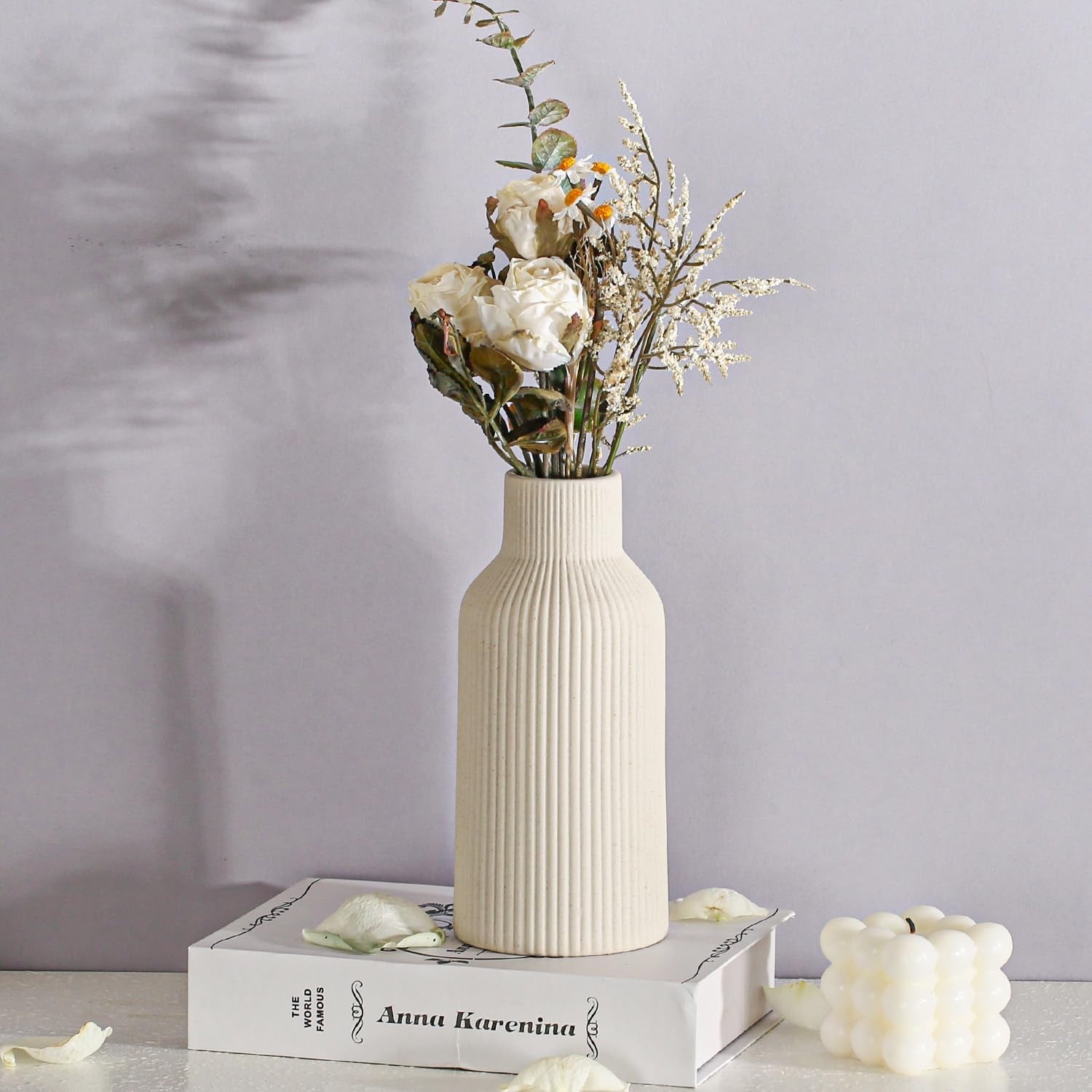 20Cm Ceramic Vase Beige Matte round Modern Design, Boho Style for Aesthetic Decoration, Keeping Flower for Living Room, Bedroom Decoration, Simple Nordic Style (Beige)