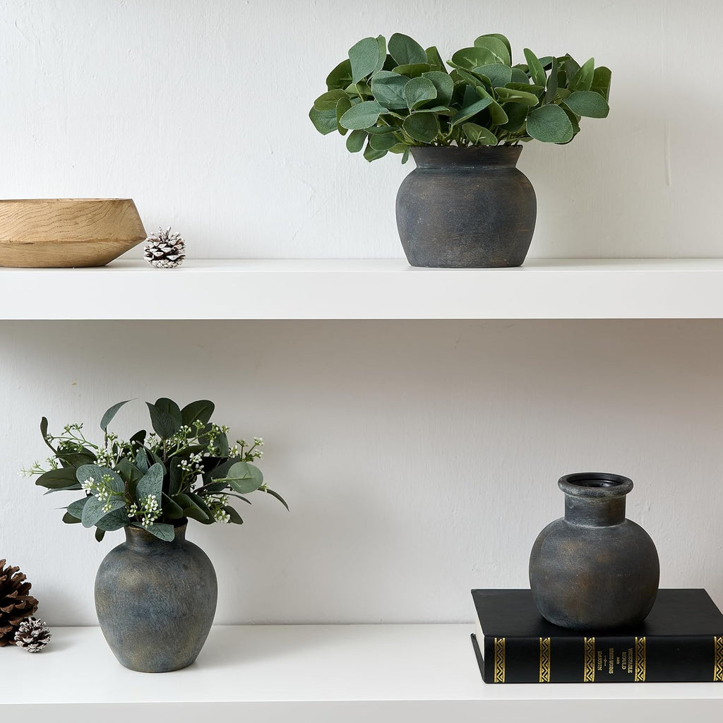 Ceramic Flower Vase with Wide Mouth Lace, 5.1 Inch Pottery Rustic Farmhouse Boho Vases, Small Terracotta Vase for Home Decor, Table, Living Room, Bathroom, Shelf, Wedding, Bronze
