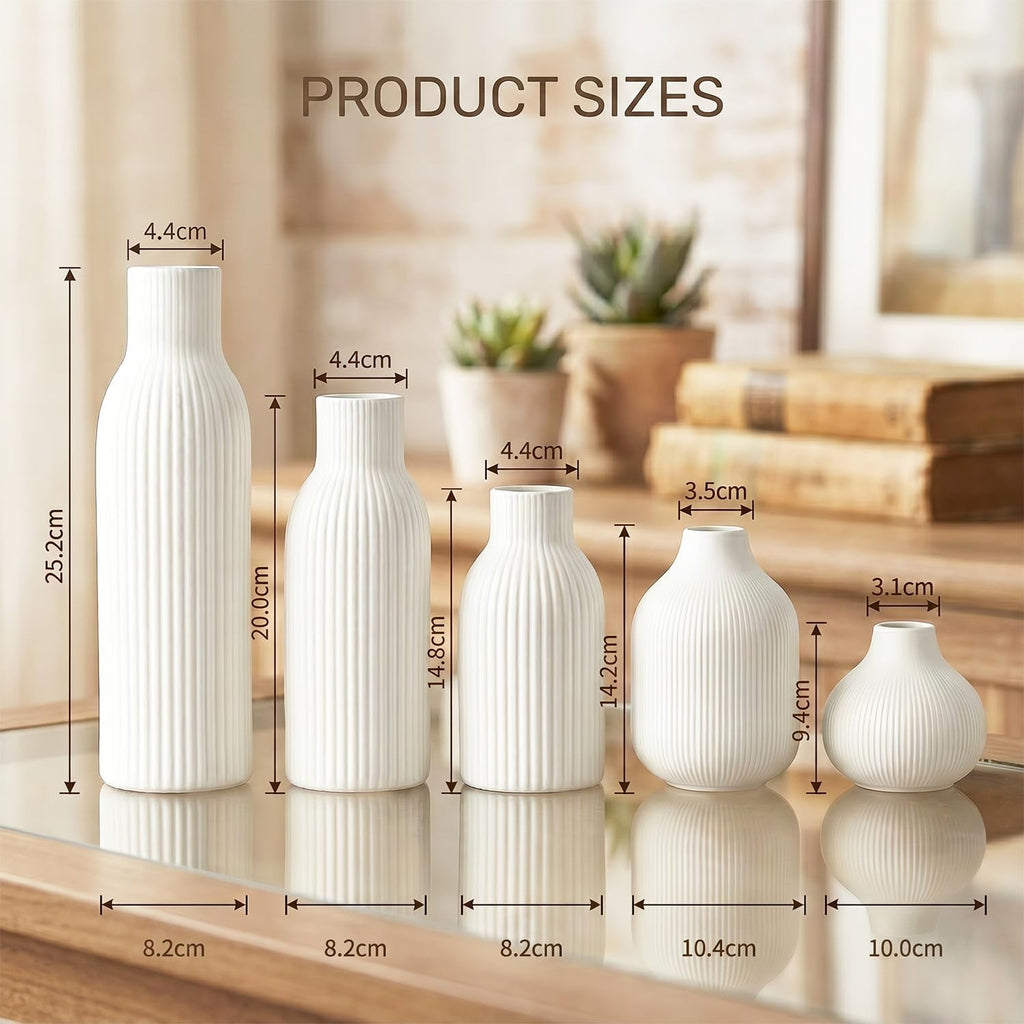 Weiß Keramik Vasen Set 5-Teilig | Iconic Home Vase Für Pampasgras & Trockenblumen | Moderne Tischdeko | Neutral Boho Skandinavische Vase Hoch Für Wohnzimmer