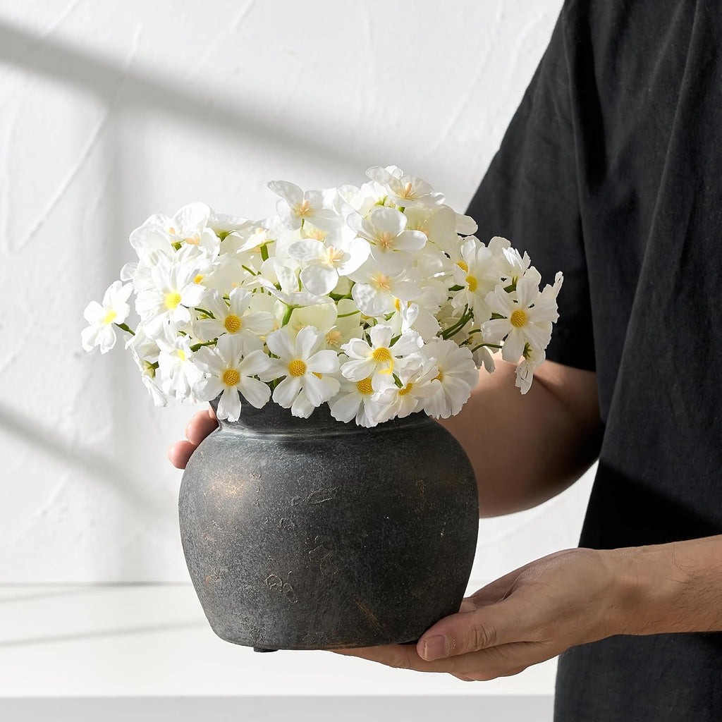Ceramic Flower Vase with Wide Mouth Lace, 5.1 Inch Pottery Rustic Farmhouse Boho Vases, Small Terracotta Vase for Home Decor, Table, Living Room, Bathroom, Shelf, Wedding, Bronze