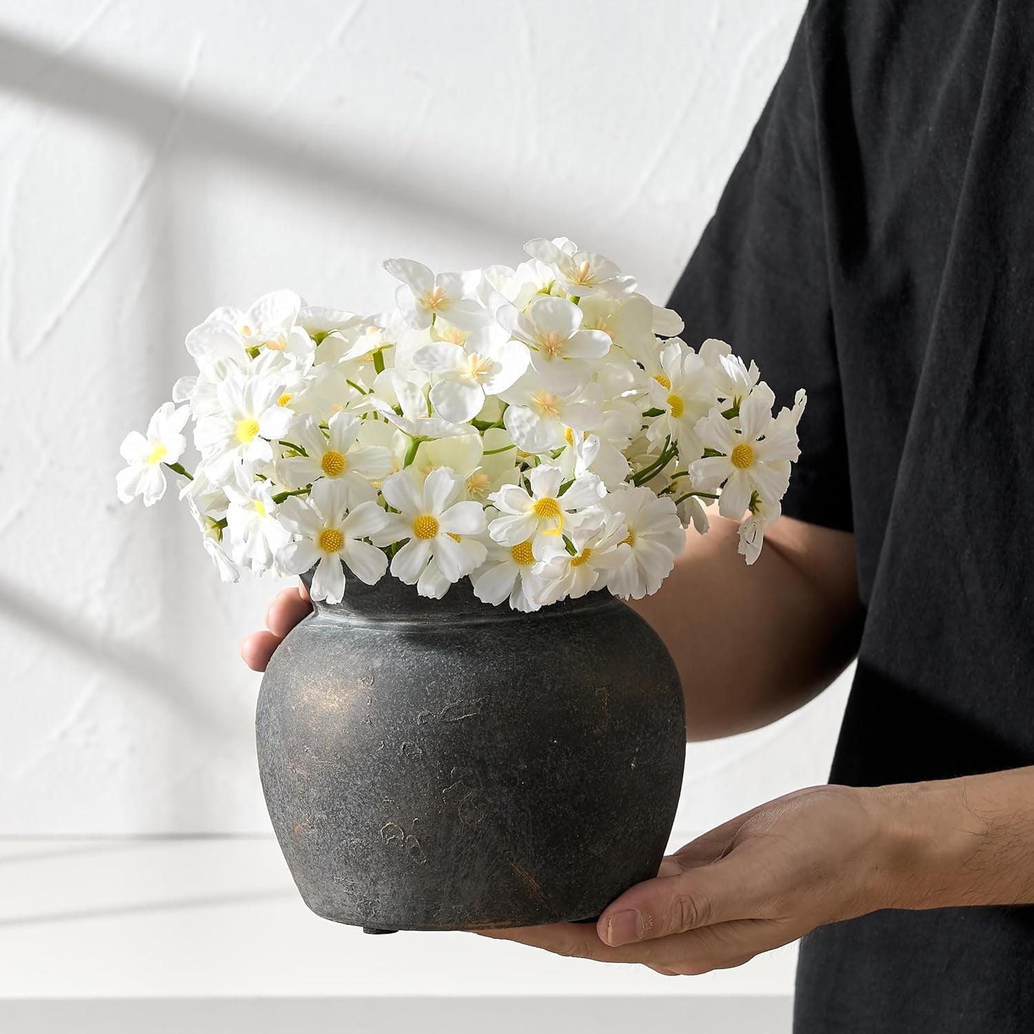 Ceramic Flower Vase with Wide Mouth Lace, 5.1 Inch Pottery Rustic Farmhouse Boho Vases, Small Terracotta Vase for Home Decor, Table, Living Room, Bathroom, Shelf, Wedding, Bronze