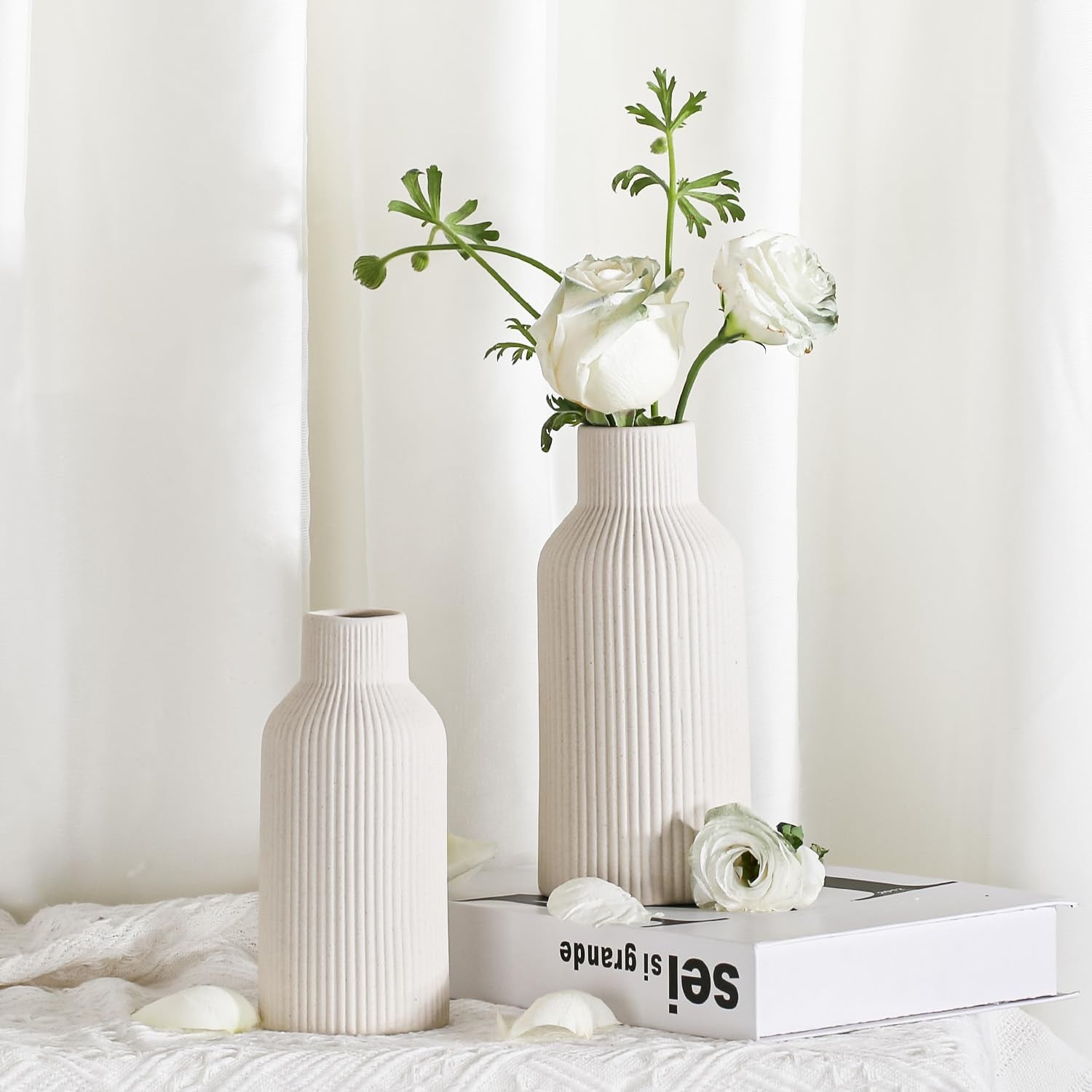 20Cm Ceramic Vase Beige Matte round Modern Design, Boho Style for Aesthetic Decoration, Keeping Flower for Living Room, Bedroom Decoration, Simple Nordic Style (Beige)
