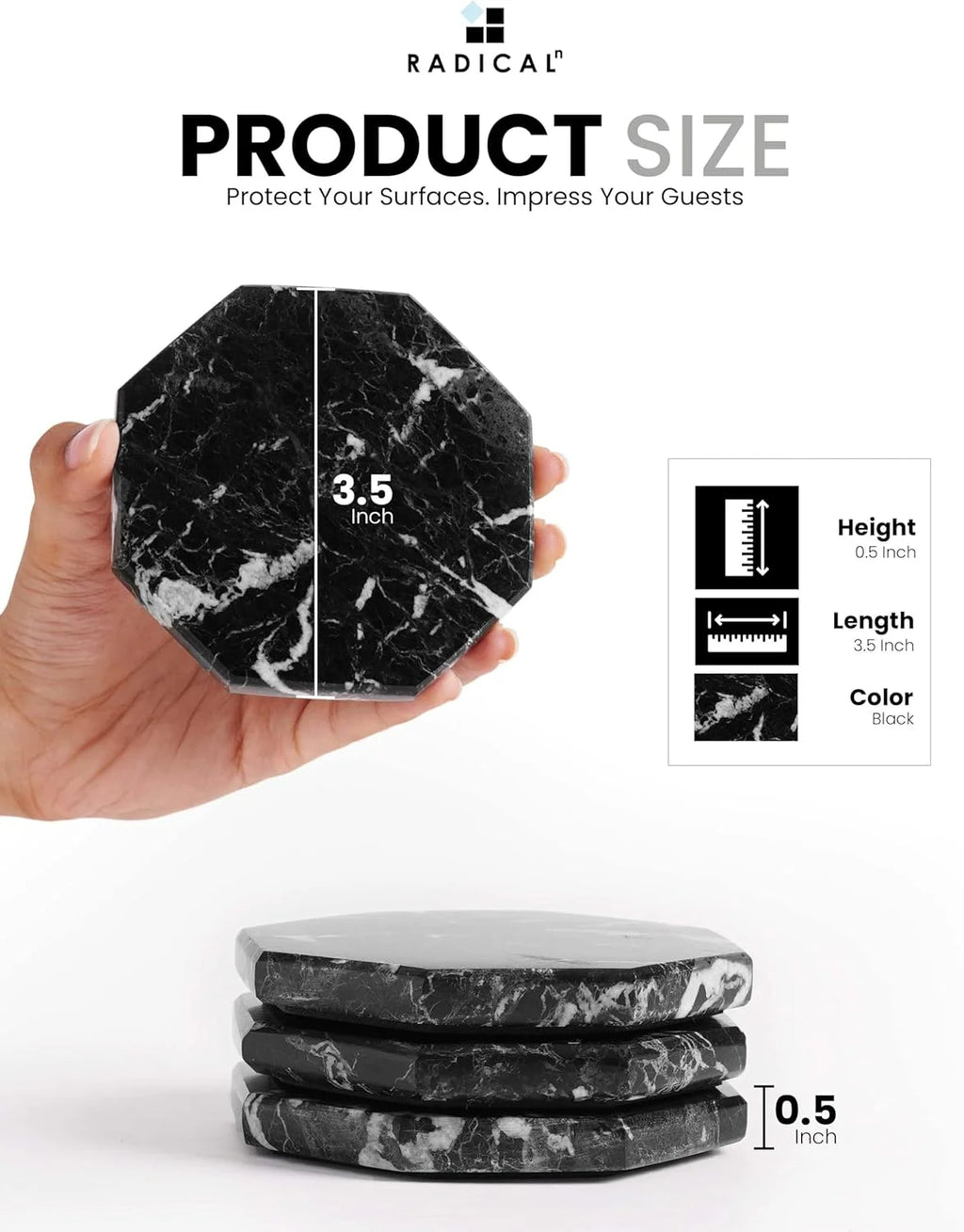 Black Marble Coasters Set of 6 Handmade 3.5 Inch Star Coasters for Drinks, Ideal Coaster Set for Home & Kitchen Table Decor
