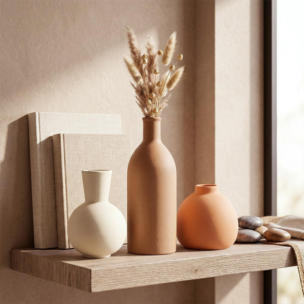 Keramik Vasen Set 3-Teilig | Iconic Home Vase Für Pampasgras & Trockenblumen | Moderne Tischdeko in Beige & Braun | Neutral Boho Skandinavische Vase Hoch Für Wohnzimmer