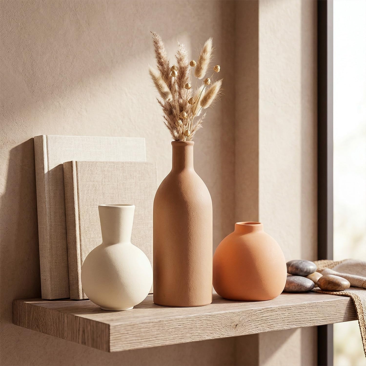 Keramik Vasen Set 3-Teilig | Iconic Home Vase Für Pampasgras & Trockenblumen | Moderne Tischdeko in Beige & Braun | Neutral Boho Skandinavische Vase Hoch Für Wohnzimmer