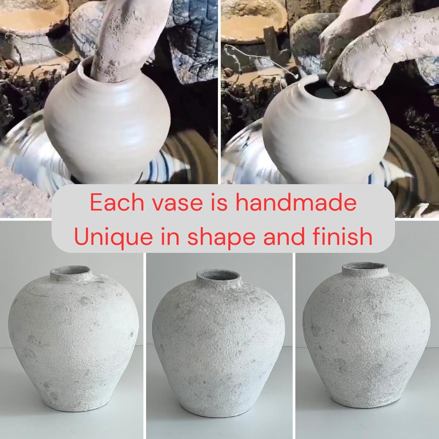 Handemade Large round Vase for Centerpieces, White Rustic Vase Farmhouse Decor, Distressed Textured for Home Decorations, Earthy Room Decor Aesthetic, Stone Look Ceramic Clay Pottery, 9 Inch