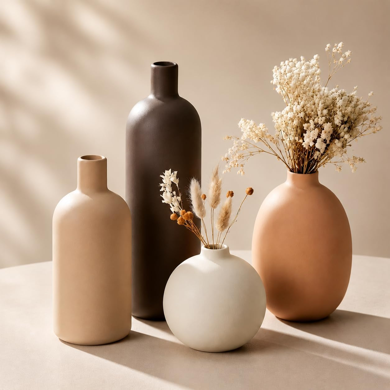 Keramik Vasen Set 4-Teilig | Iconic Home Vase Für Pampasgras & Trockenblumen | Moderne Tischdeko in Beige & Braun | Neutral Boho Skandinavische Vase Hoch Für Wohnzimmer
