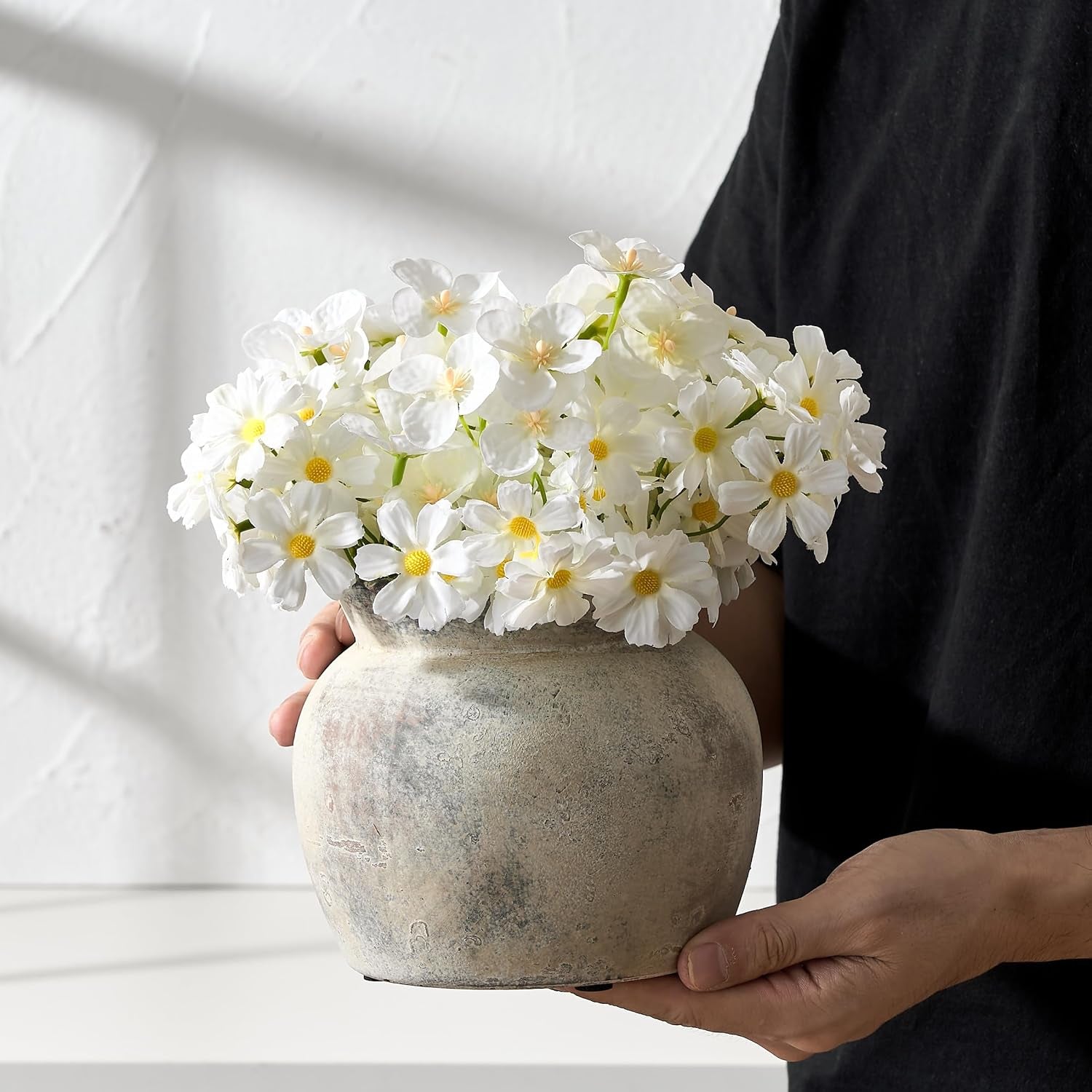 Ceramic Flower Vase with Wide Mouth Lace, 5.1 Inch Pottery Rustic Farmhouse Boho Vases, Small Terracotta Vase for Home Decor, Table, Living Room, Bathroom, Shelf, Wedding, Terra