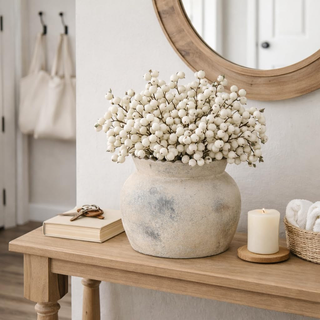 Ceramic Flower Vase with Wide Mouth Lace, 5.1 Inch Pottery Rustic Farmhouse Boho Vases, Small Terracotta Vase for Home Decor, Table, Living Room, Bathroom, Shelf, Wedding, Terra