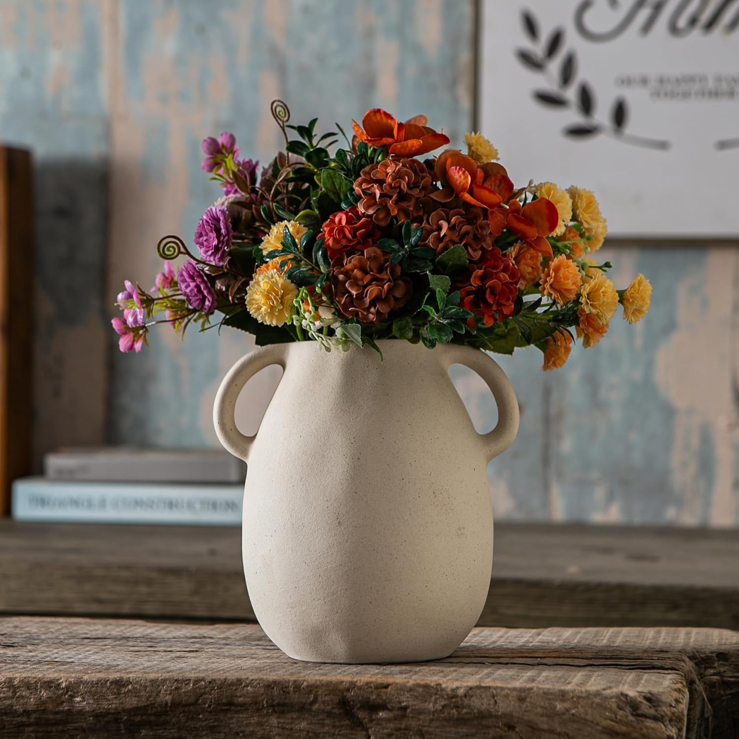 Off-White Ceramic Vase with 2 Handles, Sandstone Texture for Modern Farmhouse Decor, Rustic Pottery, Decorative Flower Vase, Clay Small Vase, Centerpiece for Dining Table - 7 Inch Tall