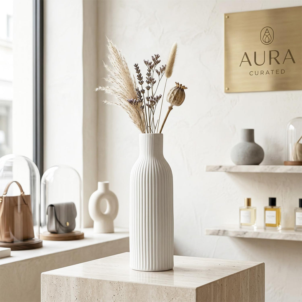 Weiß Keramik Vasen 25CM | Iconic Home Vase Für Pampasgras & Trockenblumen | Moderne Tischdeko | Neutral Boho Skandinavische Vase Hoch Für Wohnzimmer