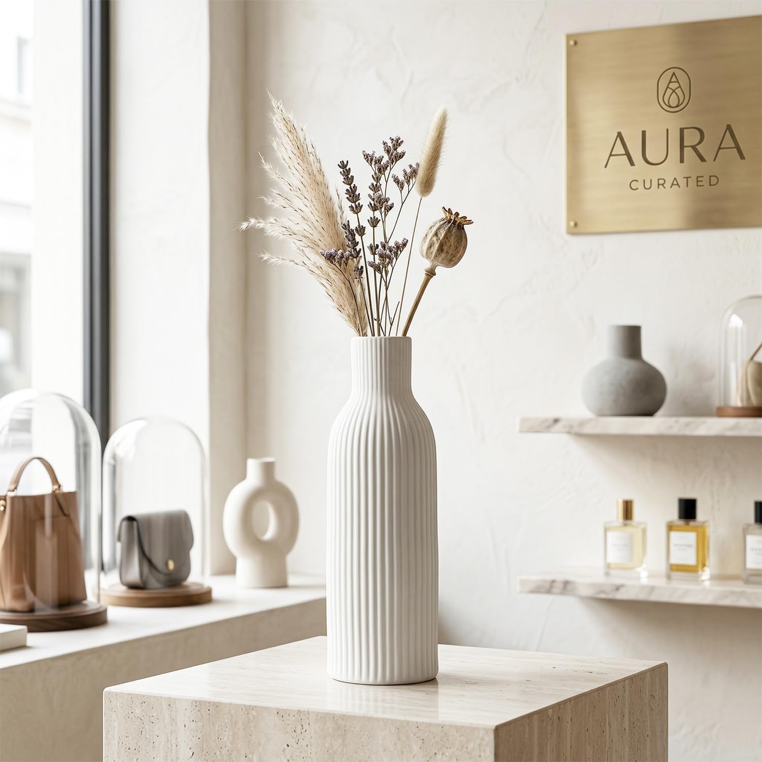 Weiß Keramik Vasen 25CM | Iconic Home Vase Für Pampasgras & Trockenblumen | Moderne Tischdeko | Neutral Boho Skandinavische Vase Hoch Für Wohnzimmer