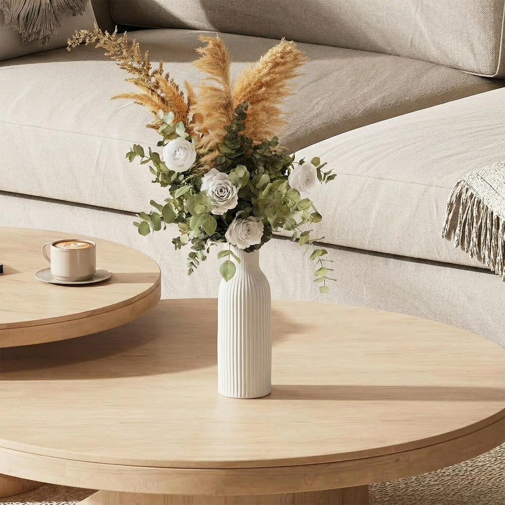 Weiß Keramik Vasen 25CM | Iconic Home Vase Für Pampasgras & Trockenblumen | Moderne Tischdeko | Neutral Boho Skandinavische Vase Hoch Für Wohnzimmer