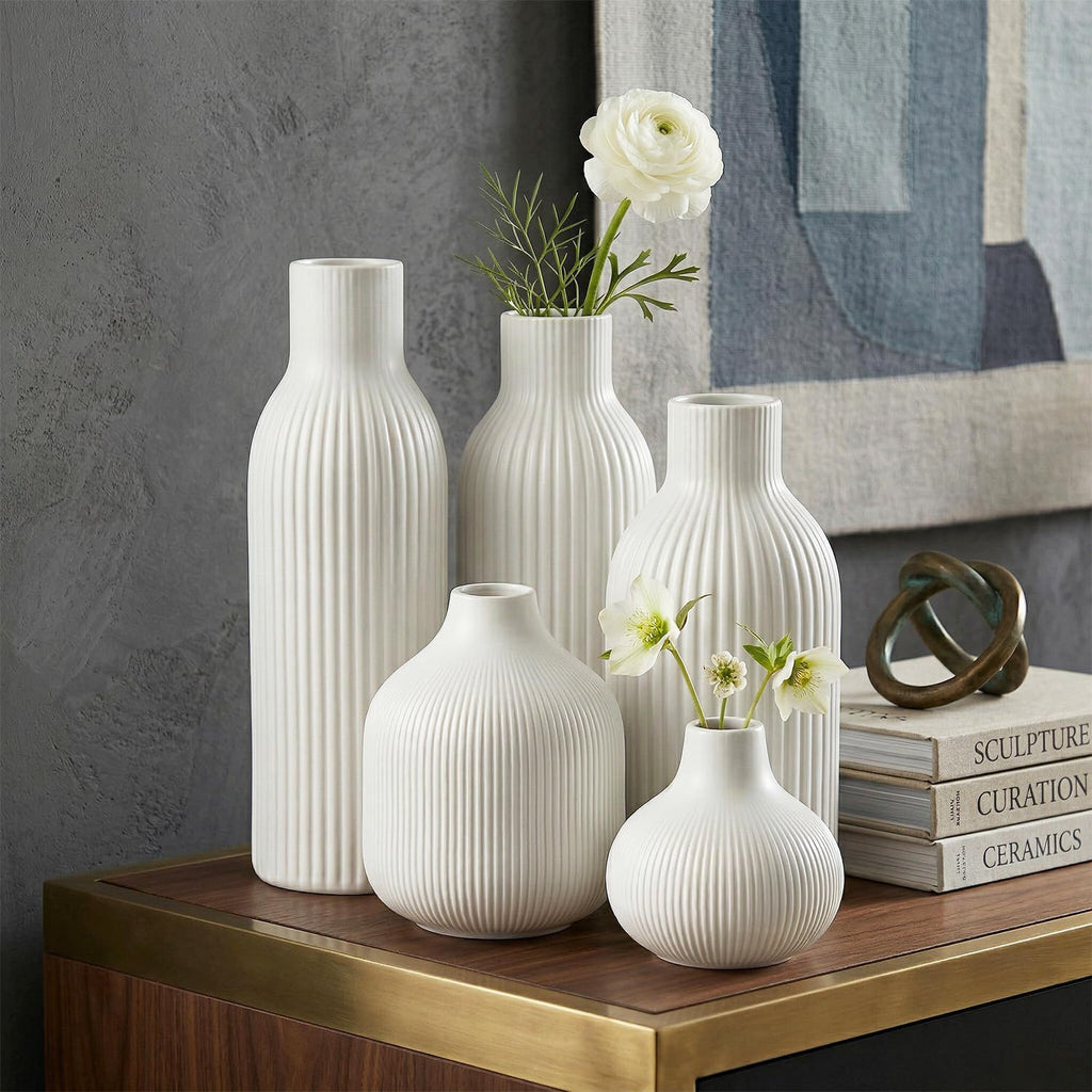 Weiß Keramik Vasen Set 5-Teilig | Iconic Home Vase Für Pampasgras & Trockenblumen | Moderne Tischdeko | Neutral Boho Skandinavische Vase Hoch Für Wohnzimmer