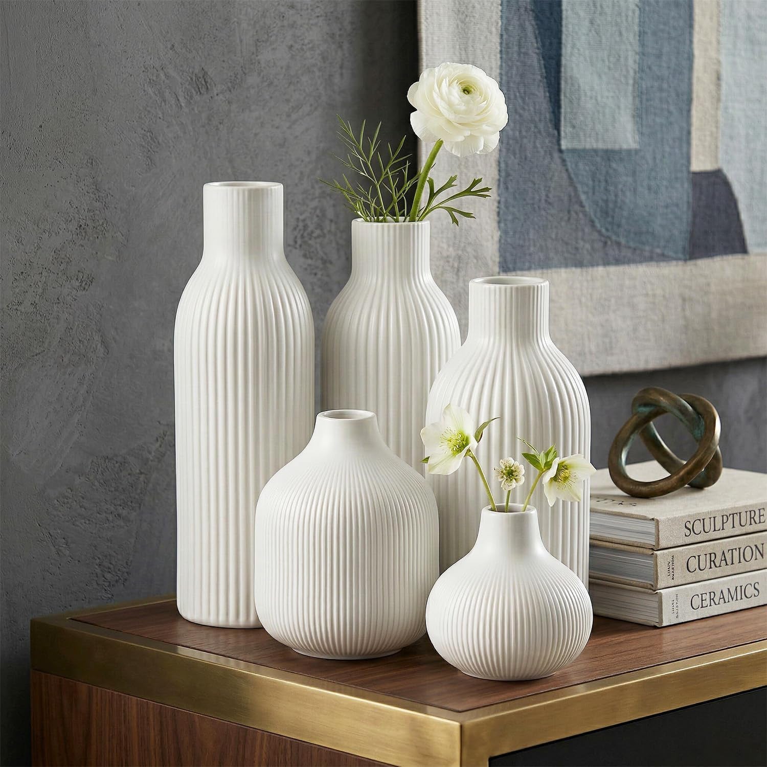Weiß Keramik Vasen Set 5-Teilig | Iconic Home Vase Für Pampasgras & Trockenblumen | Moderne Tischdeko | Neutral Boho Skandinavische Vase Hoch Für Wohnzimmer