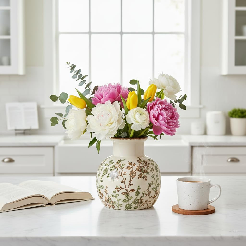 Ceramic Green and Beige Antique Vase, 5.91 Inch Retro Ice Cracked Chinoiserie Floral Vase, Rustic Farmhouse Vases for Home Decor, Bookshelf, Office, Garden, Chinoiserie Decor, Tuscan Decor