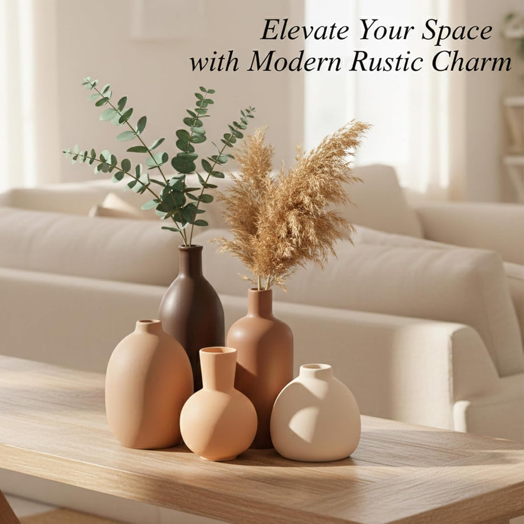 Keramik Vasen Set 5-Teilig | Iconic Home Vase Für Pampasgras & Trockenblumen | Moderne Tischdeko in Beige & Braun | Neutral Boho Skandinavische Vase Hoch Für Wohnzimmer