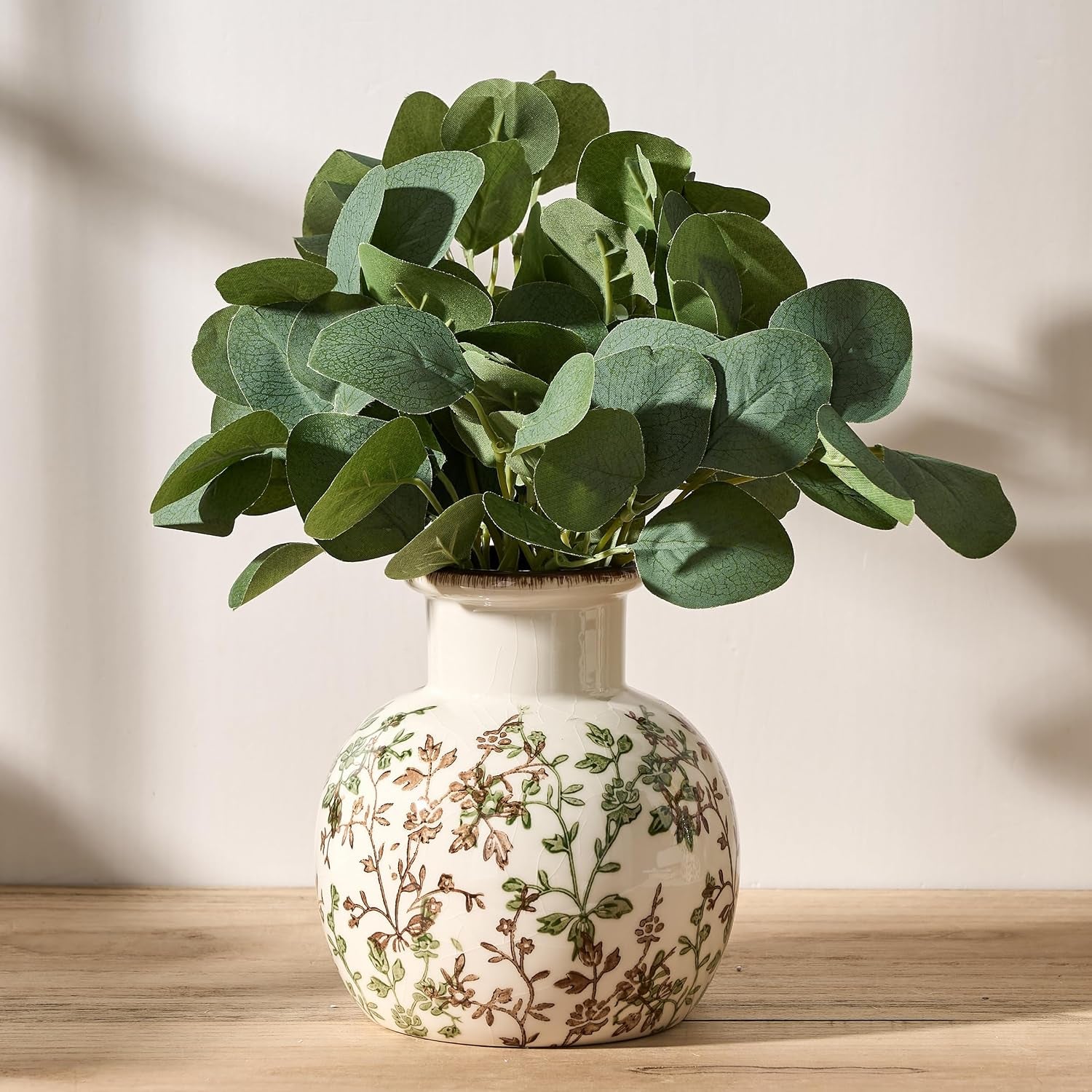 Ceramic Green and Beige Antique Vase, 5.91 Inch Retro Ice Cracked Chinoiserie Floral Vase, Rustic Farmhouse Vases for Home Decor, Bookshelf, Office, Garden, Chinoiserie Decor, Tuscan Decor