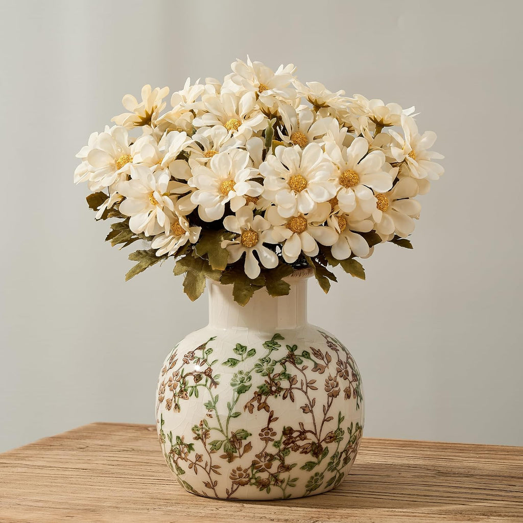 Ceramic Green and Beige Antique Vase, 5.91 Inch Retro Ice Cracked Chinoiserie Floral Vase, Rustic Farmhouse Vases for Home Decor, Bookshelf, Office, Garden, Chinoiserie Decor, Tuscan Decor