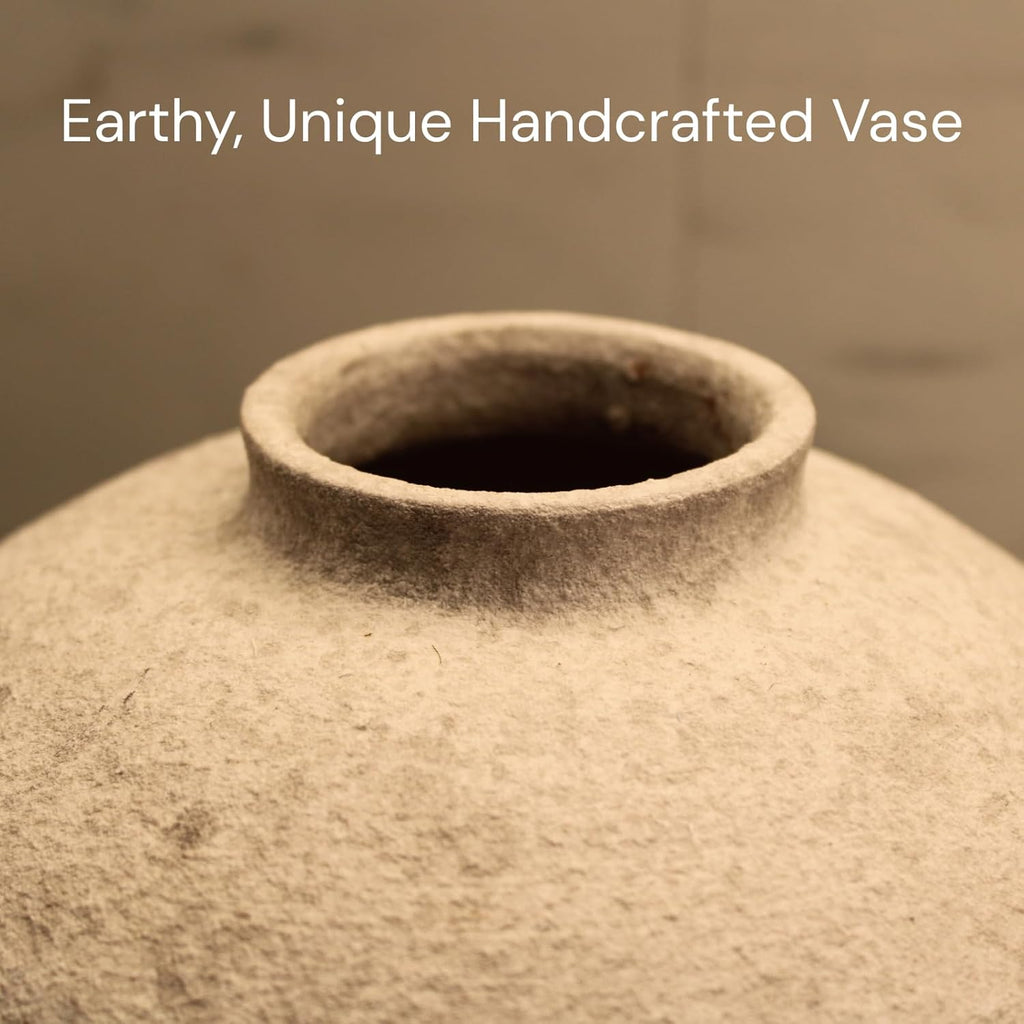 Handemade Large round Vase for Centerpieces, White Rustic Vase Farmhouse Decor, Distressed Textured for Home Decorations, Earthy Room Decor Aesthetic, Stone Look Ceramic Clay Pottery, 9 Inch