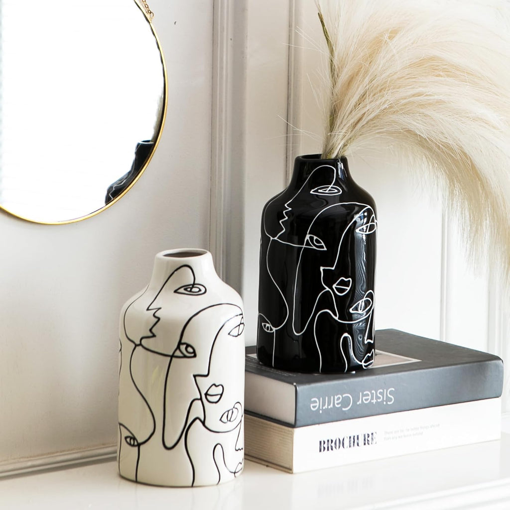 Ceramic Vase Set, 2Pcs Black and White Abstract Irregular Design Flower Vases, Modern Home Decor Living Room Decor Minimalist Decorative Vase for Pampas Grass