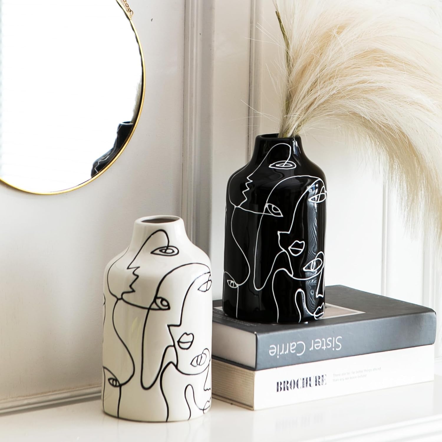Ceramic Vase Set, 2Pcs Black and White Abstract Irregular Design Flower Vases, Modern Home Decor Living Room Decor Minimalist Decorative Vase for Pampas Grass