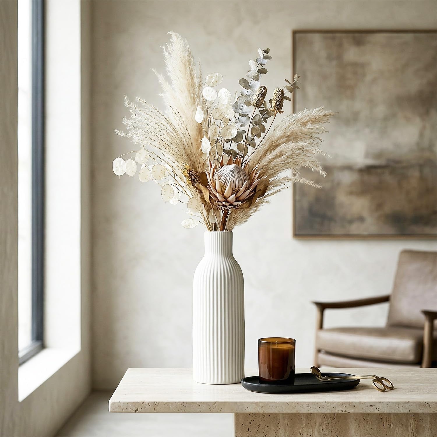 Weiß Keramik Vasen 25CM | Iconic Home Vase Für Pampasgras & Trockenblumen | Moderne Tischdeko | Neutral Boho Skandinavische Vase Hoch Für Wohnzimmer