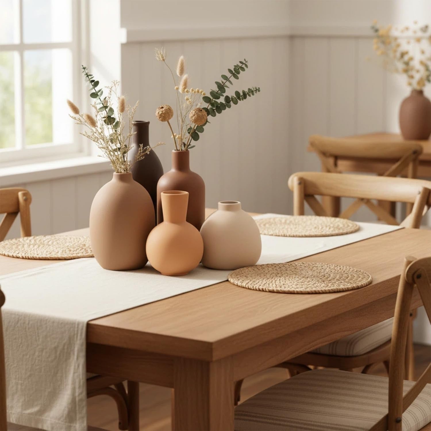 Keramik Vasen Set 5-Teilig | Iconic Home Vase Für Pampasgras & Trockenblumen | Moderne Tischdeko in Beige & Braun | Neutral Boho Skandinavische Vase Hoch Für Wohnzimmer