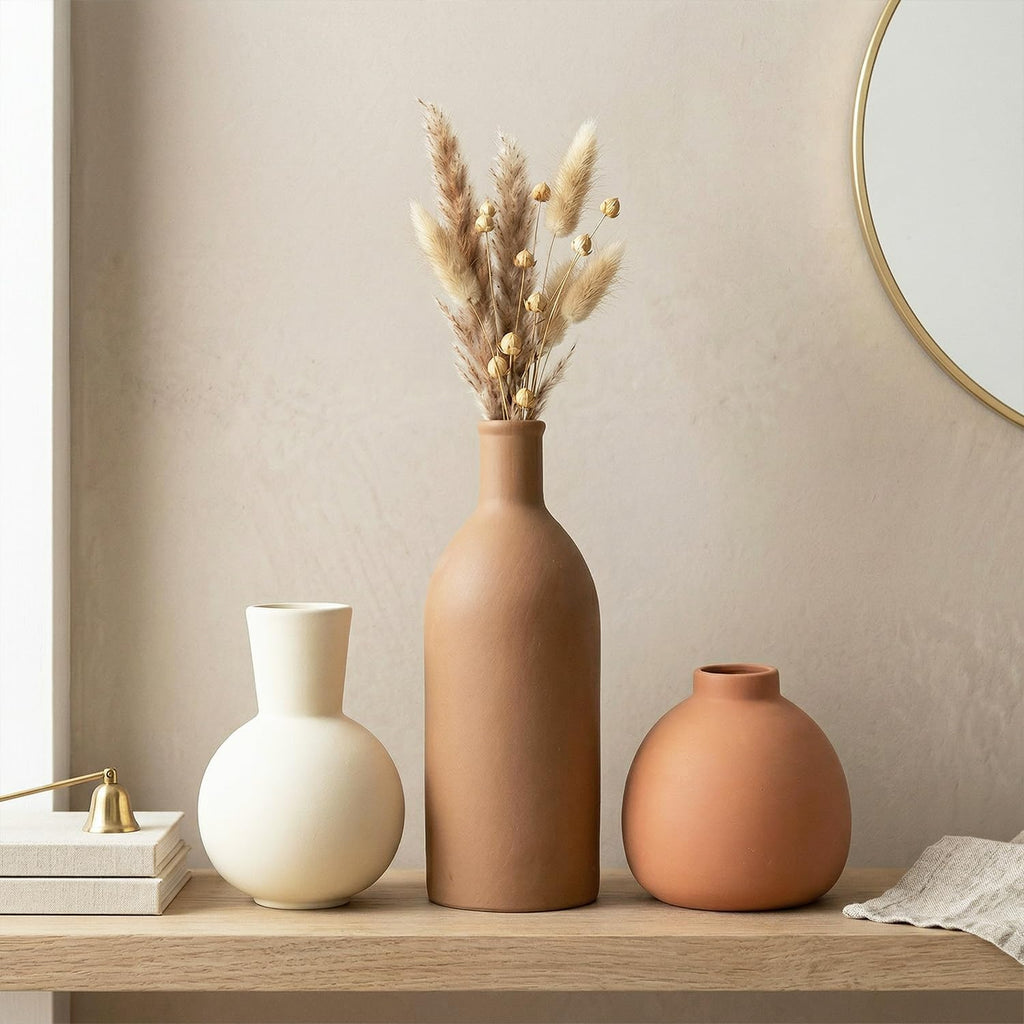 Keramik Vasen Set 3-Teilig | Iconic Home Vase Für Pampasgras & Trockenblumen | Moderne Tischdeko in Beige & Braun | Neutral Boho Skandinavische Vase Hoch Für Wohnzimmer