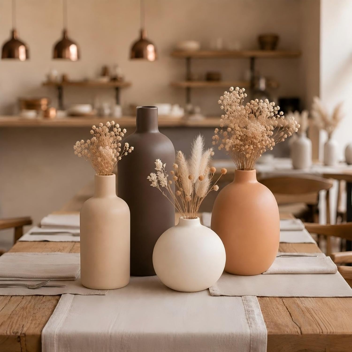 Keramik Vasen Set 4-Teilig | Iconic Home Vase Für Pampasgras & Trockenblumen | Moderne Tischdeko in Beige & Braun | Neutral Boho Skandinavische Vase Hoch Für Wohnzimmer