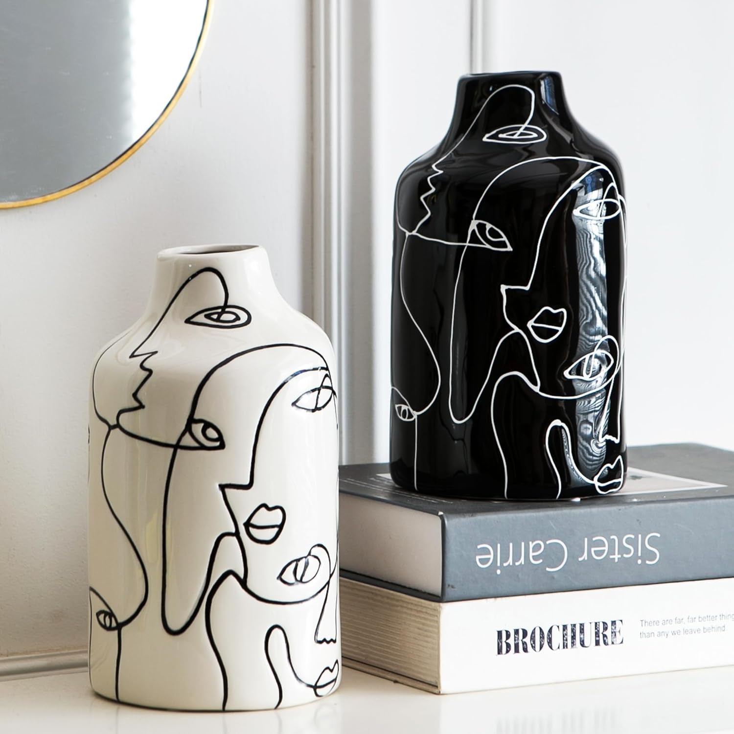 Ceramic Vase Set, 2Pcs Black and White Abstract Irregular Design Flower Vases, Modern Home Decor Living Room Decor Minimalist Decorative Vase for Pampas Grass