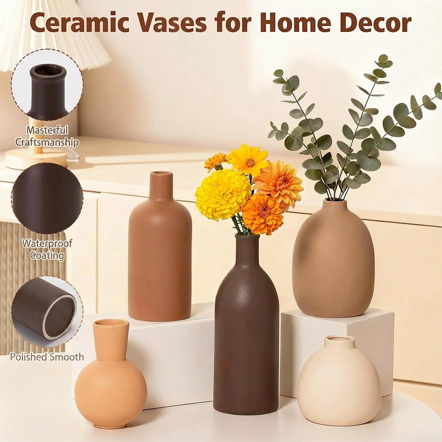 Keramik Vasen Set 5-Teilig | Iconic Home Vase Für Pampasgras & Trockenblumen | Moderne Tischdeko in Beige & Braun | Neutral Boho Skandinavische Vase Hoch Für Wohnzimmer