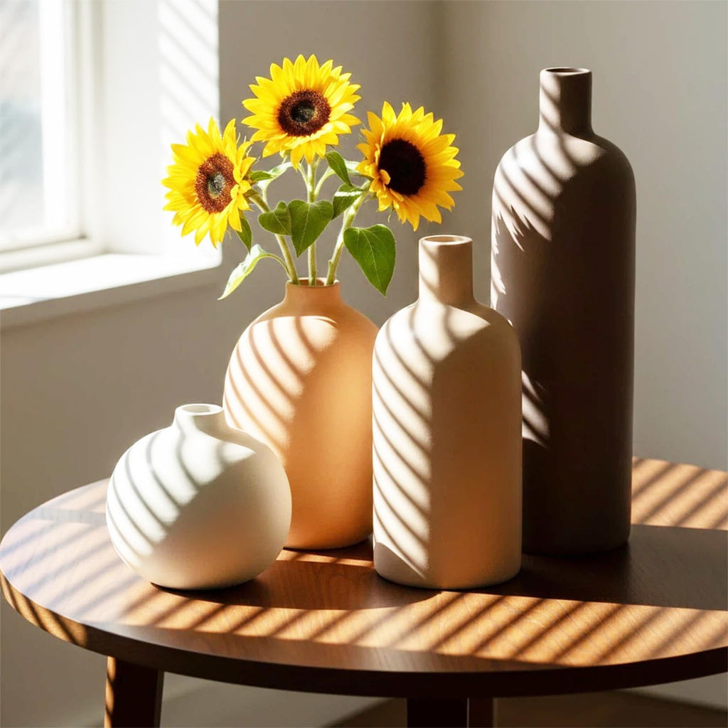 Keramik Vasen Set 4-Teilig | Iconic Home Vase Für Pampasgras & Trockenblumen | Moderne Tischdeko in Beige & Braun | Neutral Boho Skandinavische Vase Hoch Für Wohnzimmer