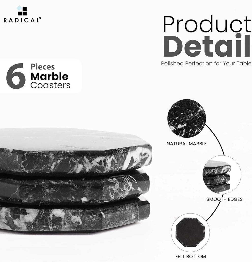 Black Marble Coasters Set of 6 Handmade 3.5 Inch Star Coasters for Drinks, Ideal Coaster Set for Home & Kitchen Table Decor